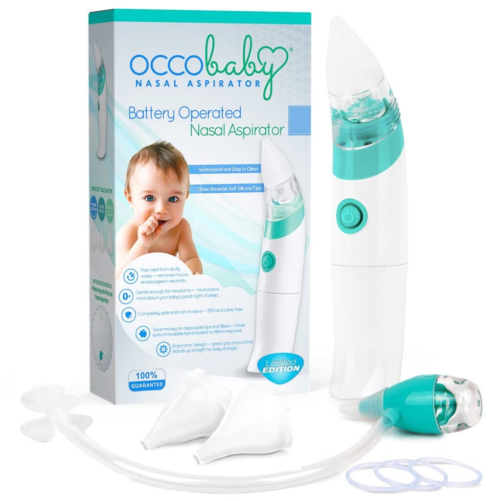 Aspirador nasal eléctrico para bebés con pilas, pilas incluidas, garantiza una nariz limpia, brisa del océano