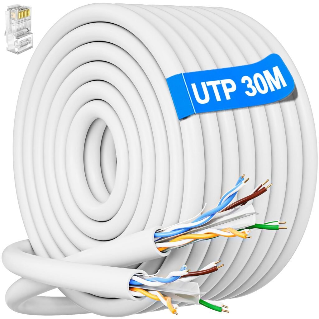 Cable Ethernet 30 Metros, Cat 6 Cable de Red UTP(Par Trenzado Sin Blindaje) Cable a Granel Rj45 Cable de Red Gigabit Blanco Cable LAN Alta Velocidad...