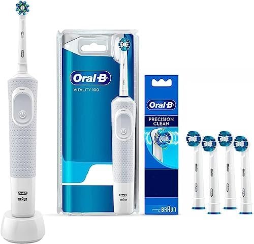 Oral B, Set Cepillo de Dientes Eléctrico Recargable Vitality 100 + Pack 4 Cabezales Precision Clean, con Tecnología Braun, Cabezal Redondo y Mango...
